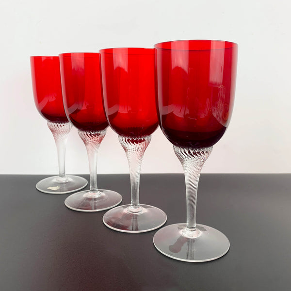 Ruby Red Crystal Wine Glass with twisted rope stem - Set of 4