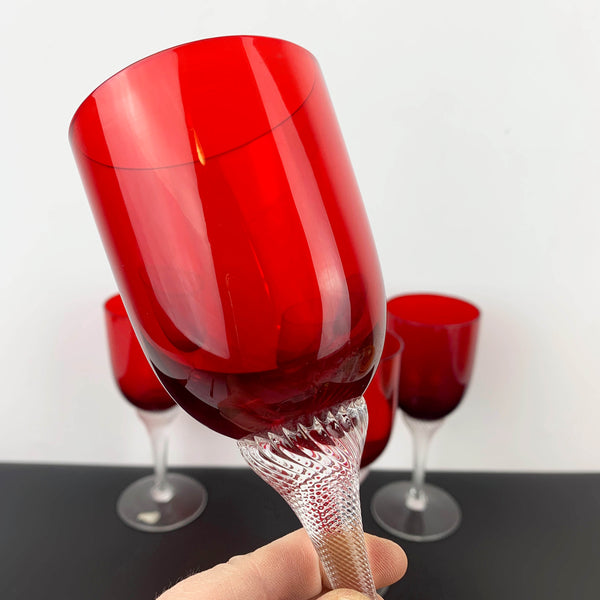 Ruby Red Crystal Wine Glass with twisted rope stem - Set of 4