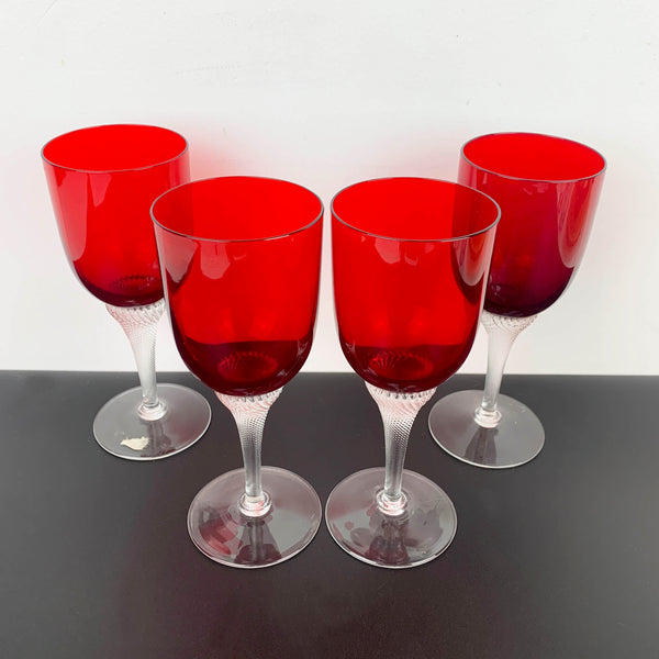 Ruby Red Crystal Wine Glass with twisted rope stem - Set of 4