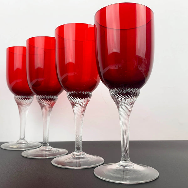 Ruby Red Crystal Wine Glass with twisted rope stem - Set of 4