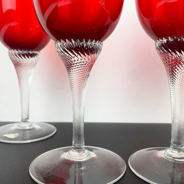 Ruby Red Crystal Wine Glass with twisted rope stem - Set of 4