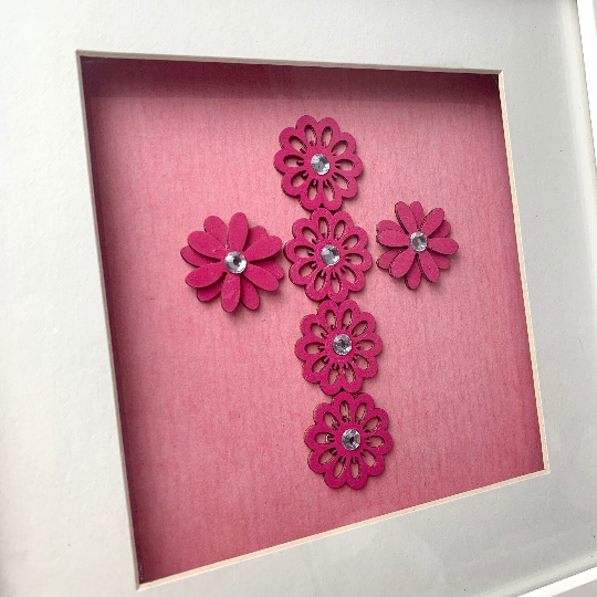 Pink cross symbol mixed media framed art