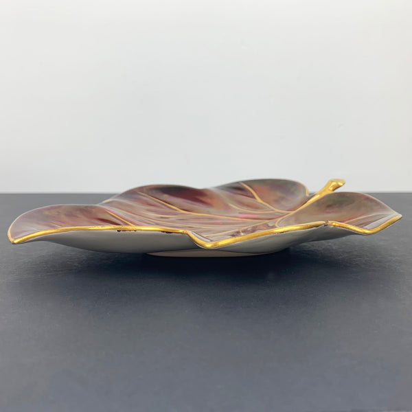 Carlton Ware 'Rouge Royale' burgundy lustre leaf dish depth view