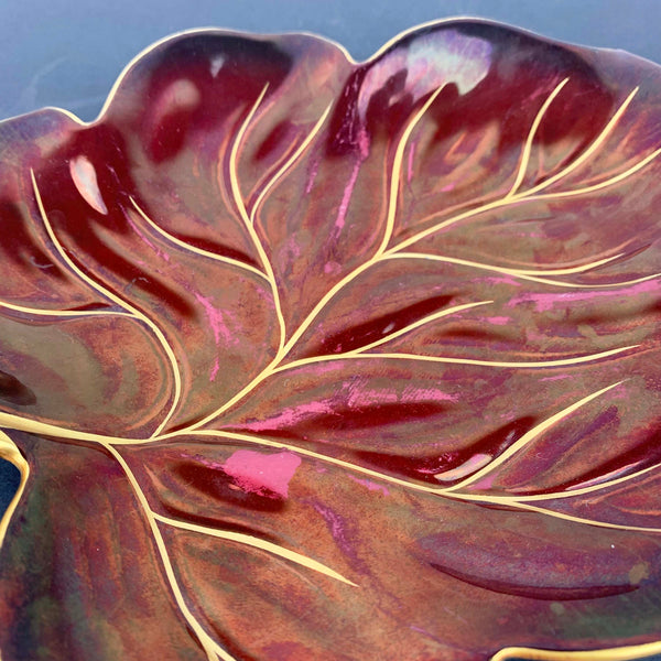 Carlton Ware 'Rouge Royale' 1940's burgundy lustre leaf dish with wear