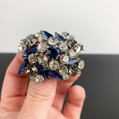 1950's sapphire blue and rhinestone flower brooch