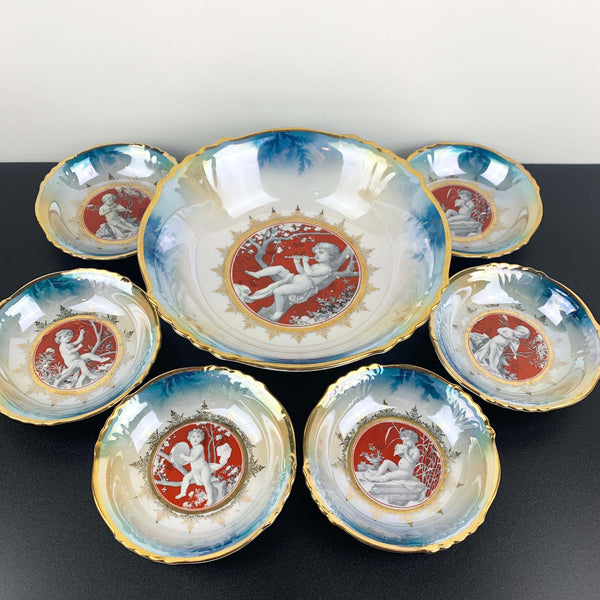 Silesia Porcelain Cherub lustreware 7 piece rare dessert bowl set