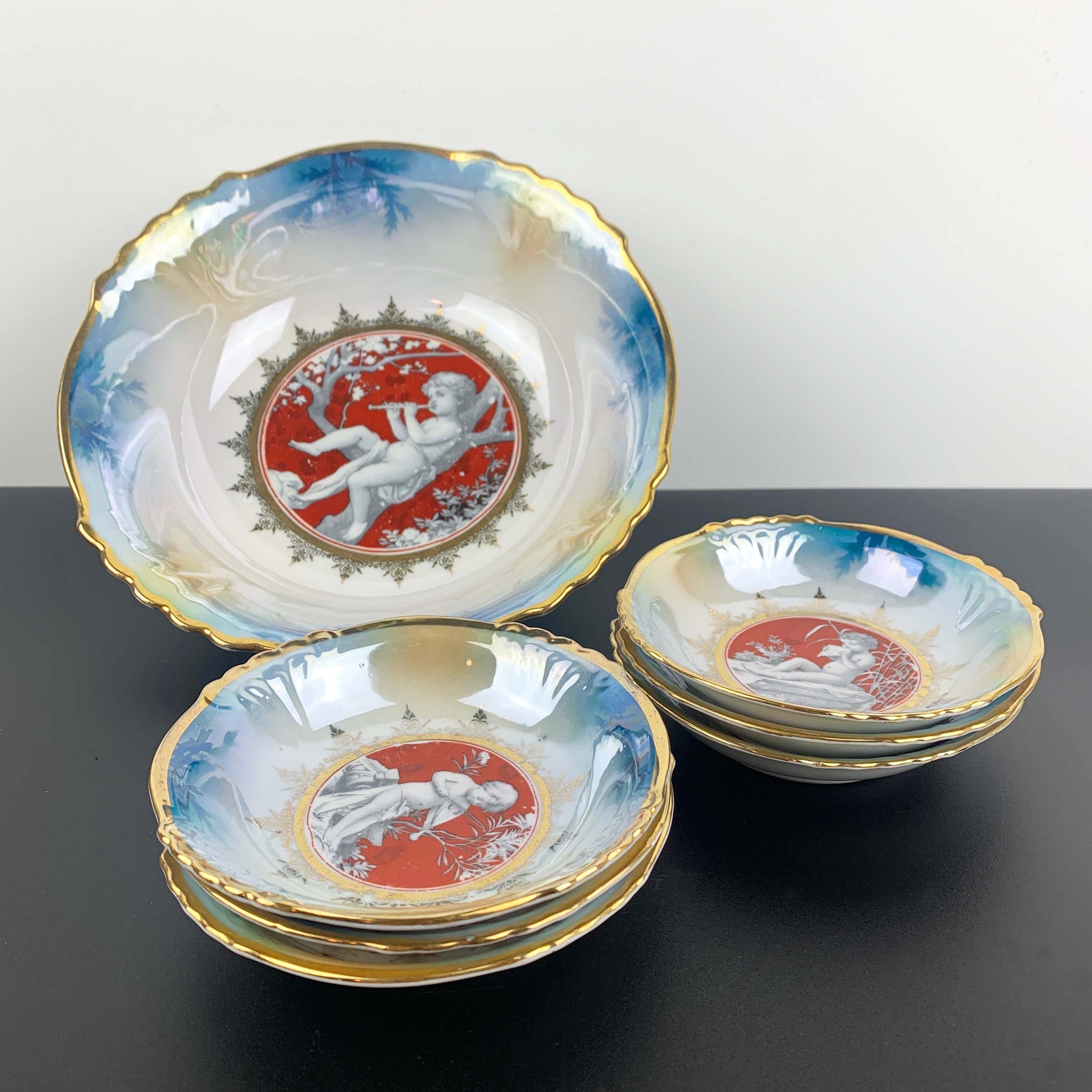 Silesia Porcelain Cherub lustreware 7 piece dessert bowl set