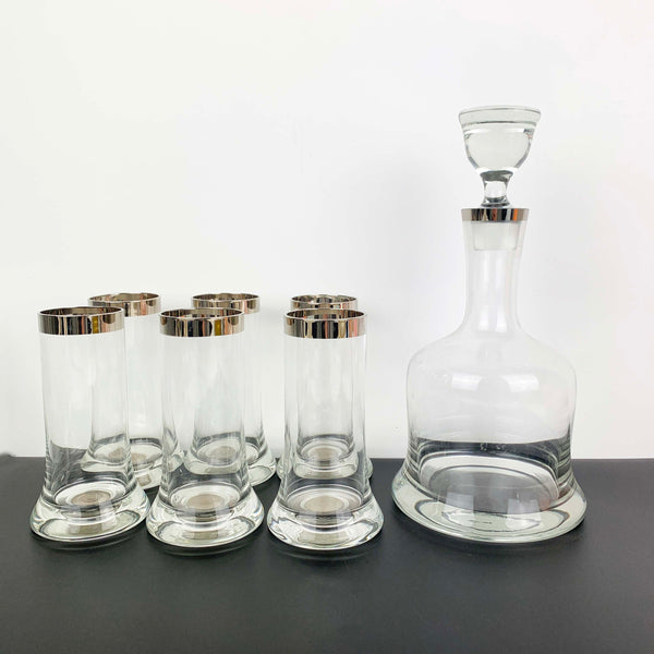 Platinum rimmed bell decanter with 6 matching glasses