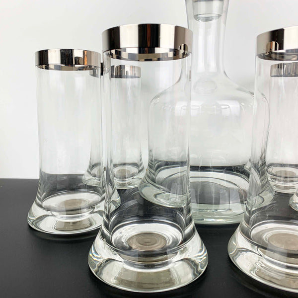 Platinum rimmed bell decanter with 6 matching glasses