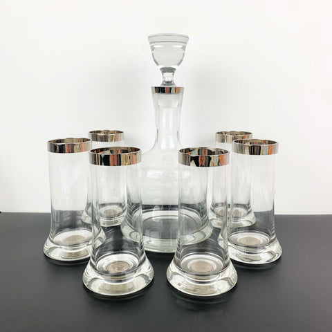 Platinum rimmed bell decanter with 6 matching glasses