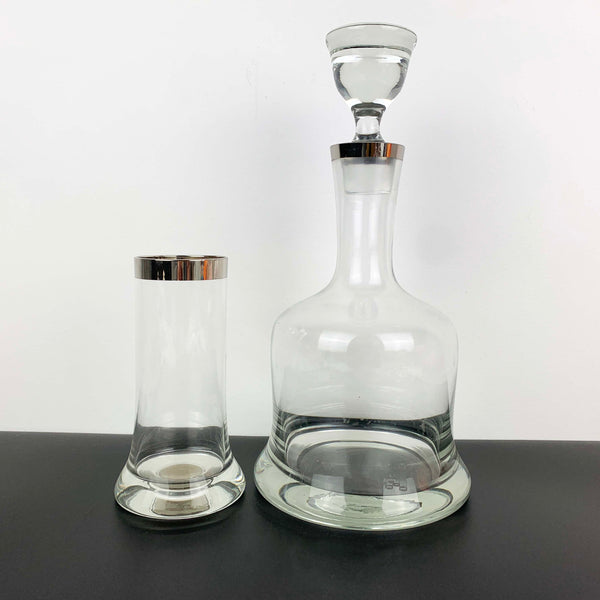 Platinum rimmed bell decanter with 6 matching glasses