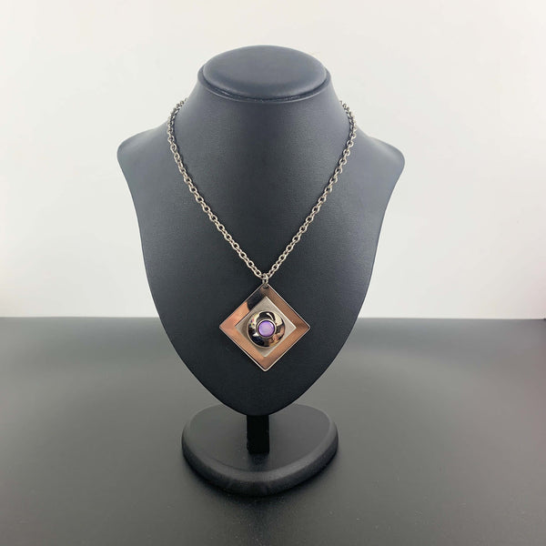 Retro bold steel diamond-shaped pendant with purple stone