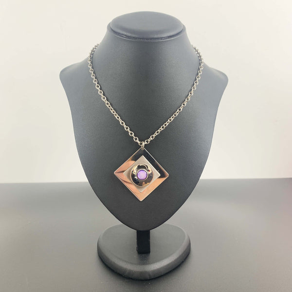 Retro bold steel diamond-shaped pendant with purple stone