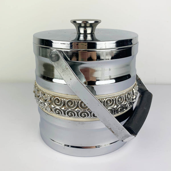 Vintage silver ice bucket with handle and detailed scroll work