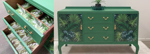 Green upcycled sideboard with palm print