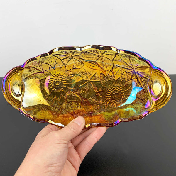 Indiana Glass Marigold Carnival Glass 'Lily Pons' relish and pickle tray