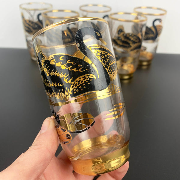 Set of 6 mid century glass tumblers with black and gold swan design