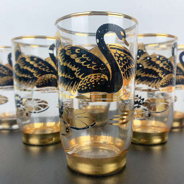 Set of 6 mid century glass tumblers with black and gold swan design