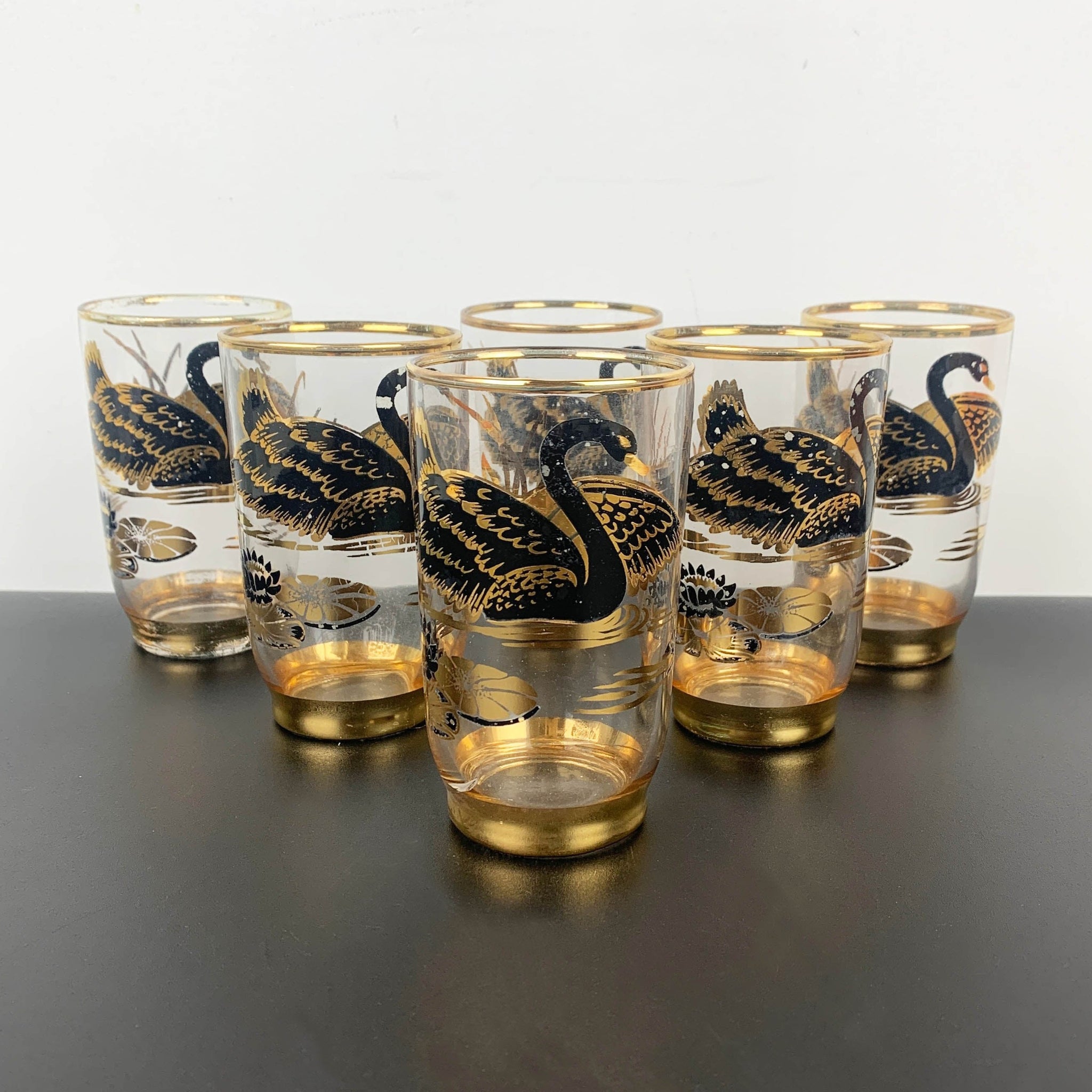 Set of 6 mid century glass tumblers with black and gold swan design