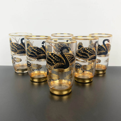 Set of 6 mid century glass tumblers with black and gold swan design