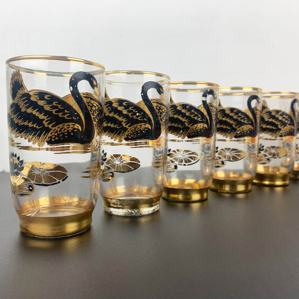 Set of 6 mid century glass tumblers with black and gold swan design