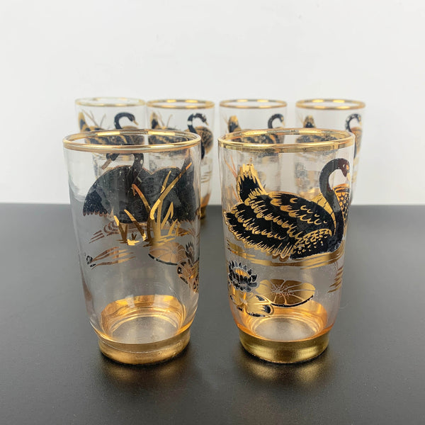 Set of 6 mid century glass tumblers with black and gold swan design