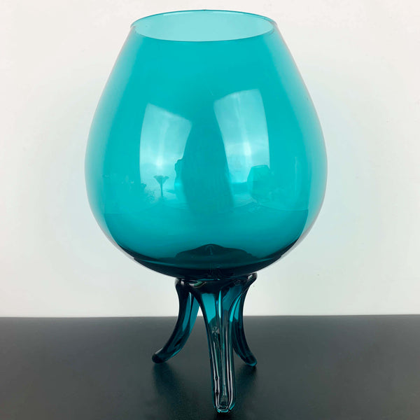 Teal oversize art glass brandy balloon with tri footed hand blown stem