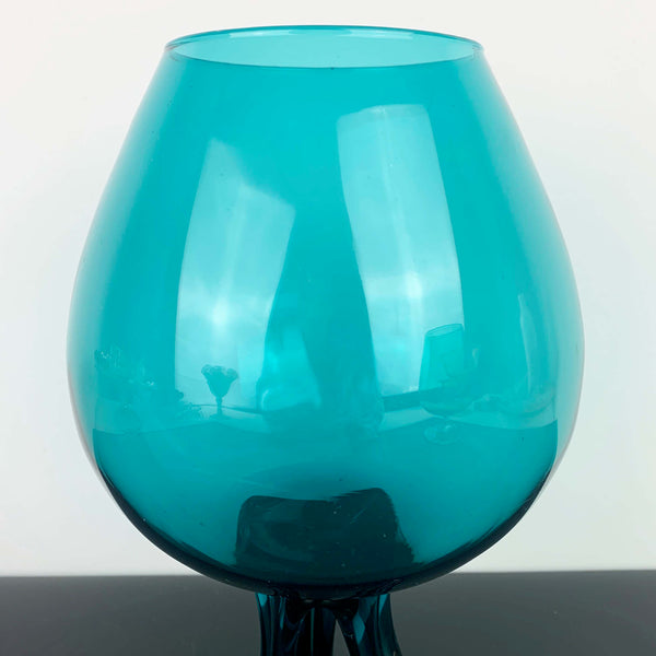 Teal oversize art glass brandy balloon with tri footed hand blown stem