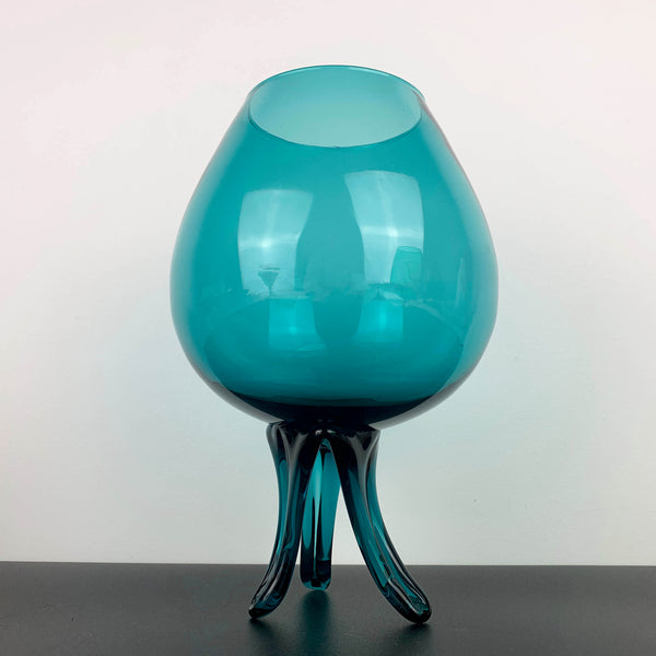 Teal oversize art glass brandy balloon with tri footed hand blown stem