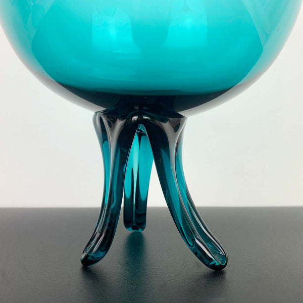 Teal oversize art glass brandy balloon with tri footed hand blown stem