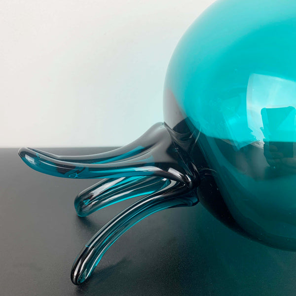 Teal oversize art glass brandy balloon with tri footed hand blown stem