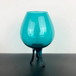 Teal oversize art glass brandy balloon with tri footed hand blown stem