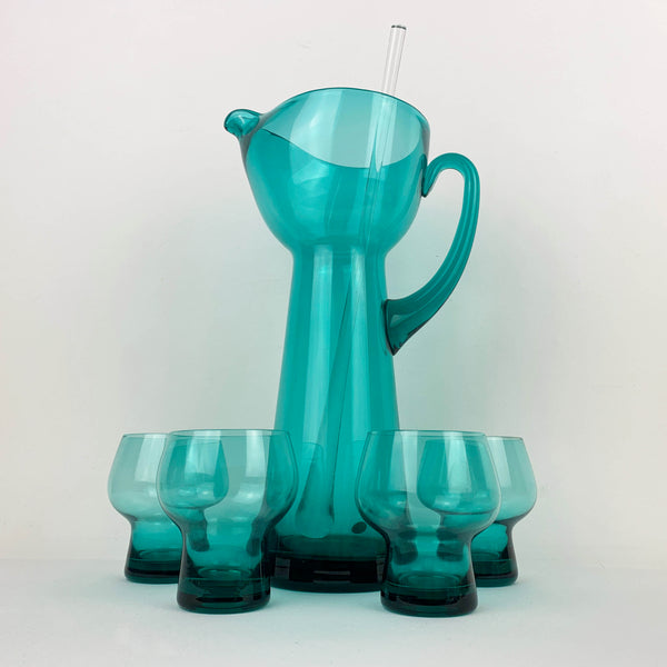 1960's teal glass cocktail set with 4 glasses and stirrer