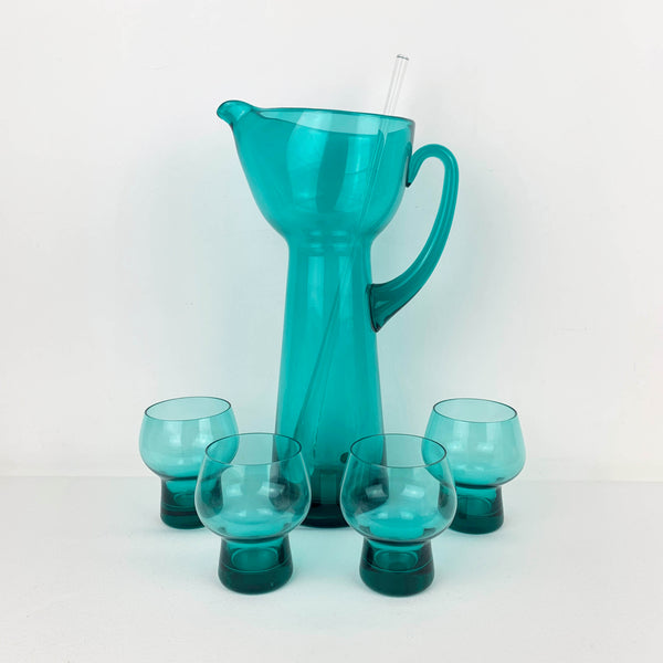 1960's teal glass cocktail set with 4 glasses and stirrer