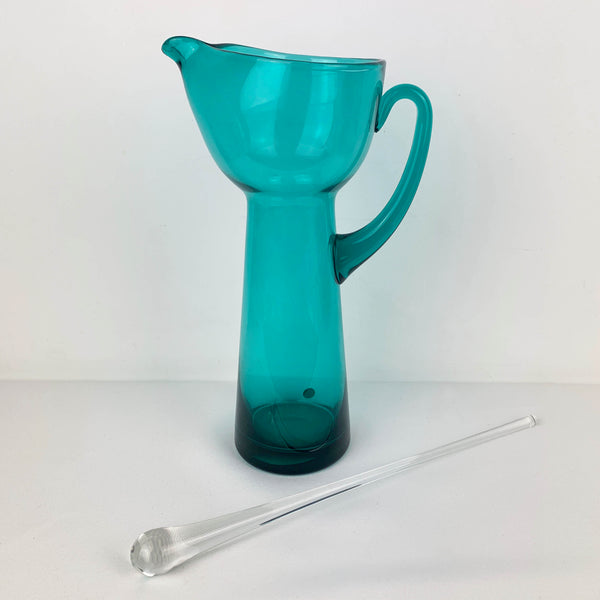 1960's teal glass cocktail set with 4 glasses and stirrer