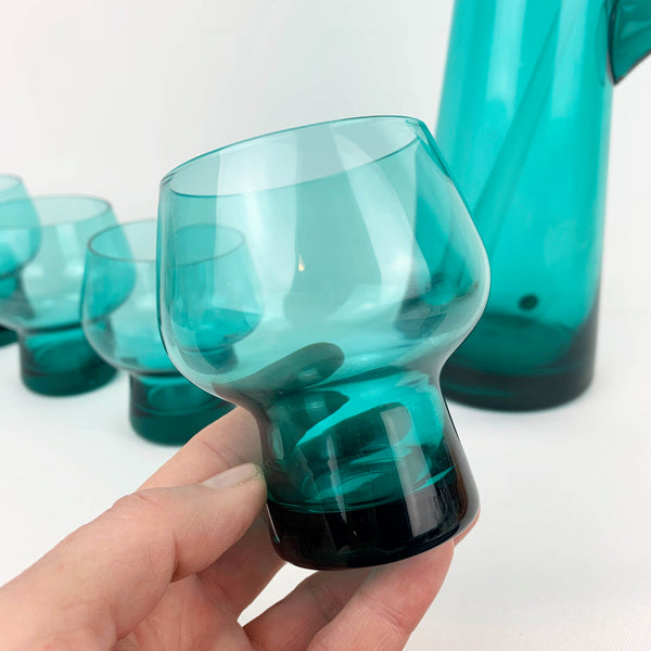 1960's teal glass cocktail set with 4 glasses and stirrer