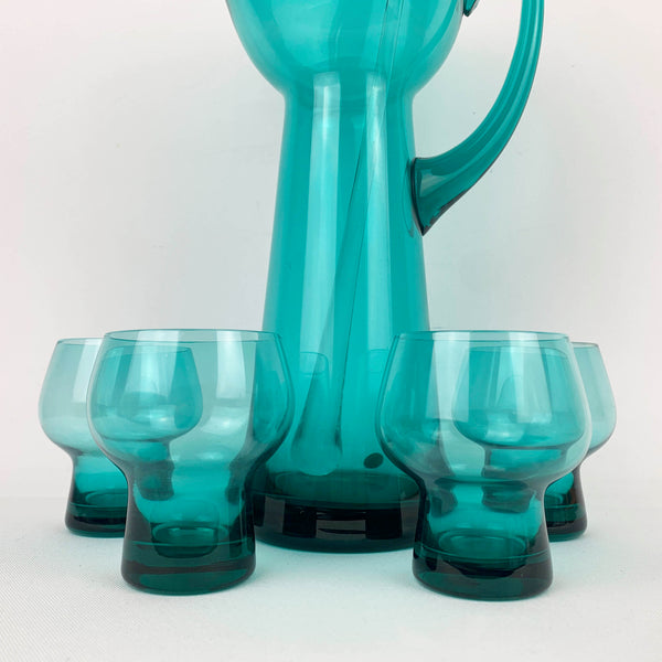 1960's teal glass cocktail set with 4 glasses and stirrer