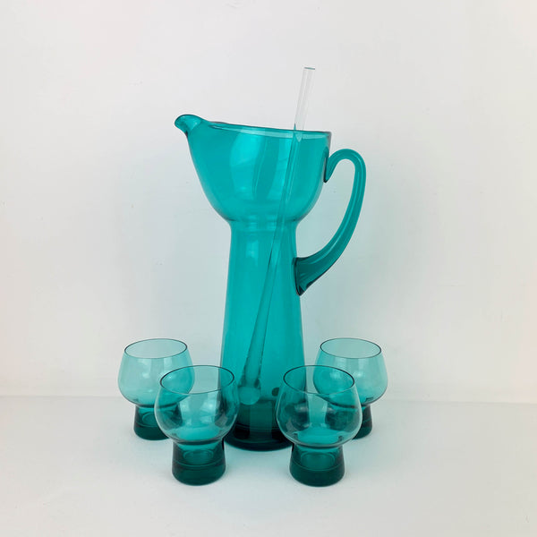 1960's teal glass cocktail set with 4 glasses and stirrer