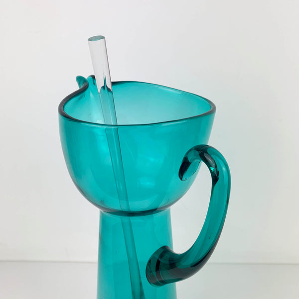 1960's teal glass cocktail set with 4 glasses and stirrer