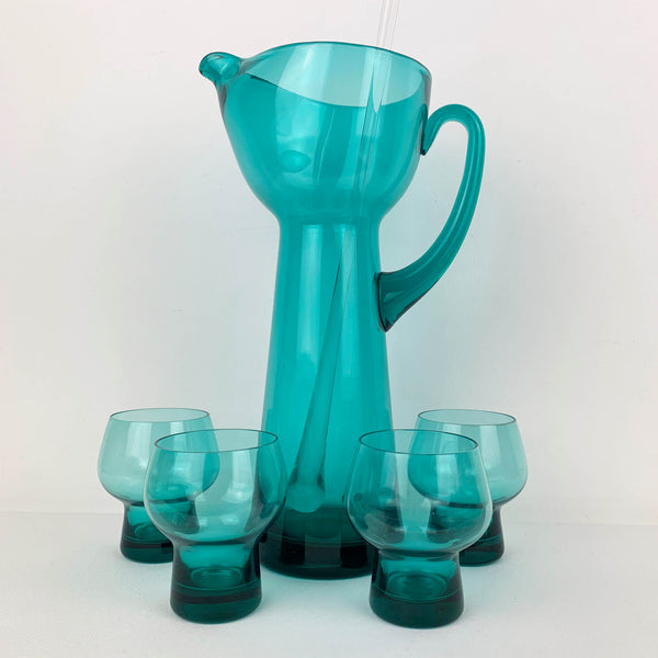 1960's teal glass cocktail set with 4 glasses and stirrer