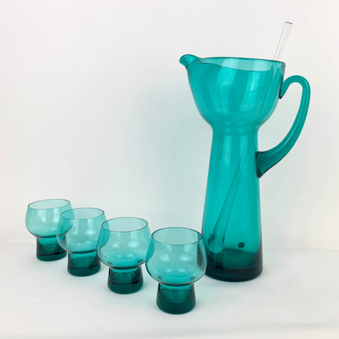 1960's teal glass cocktail set with 4 glasses and stirrer