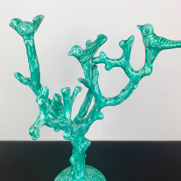 Teal metal branches and birds sculpture