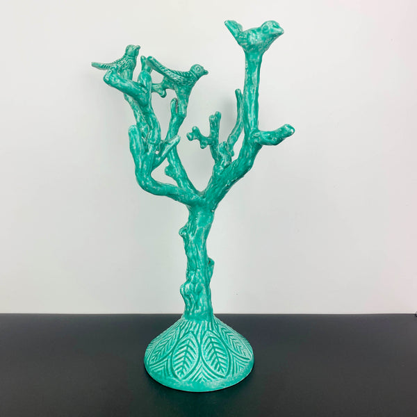 Teal metal branches and birds sculpture