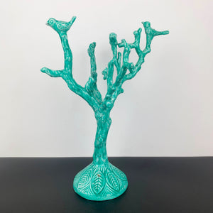 Teal metal branches and birds sculpture