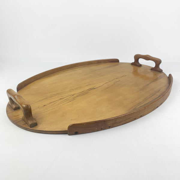 Vintage timber serving tray with moulded handles