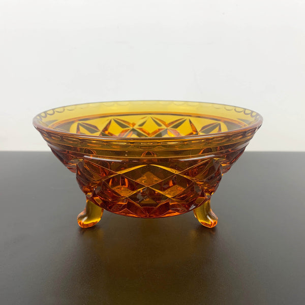 Amber glass tri foot small candy/nut bowl with classic diamond cut