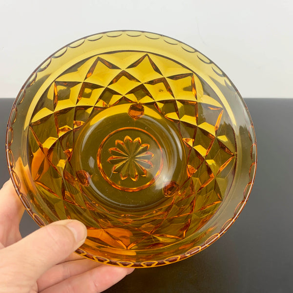 Amber glass tri foot small candy/nut bowl with classic diamond cut