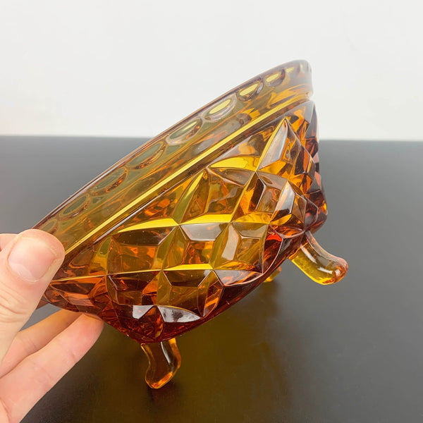 Amber glass tri foot small candy/nut bowl with classic diamond cut