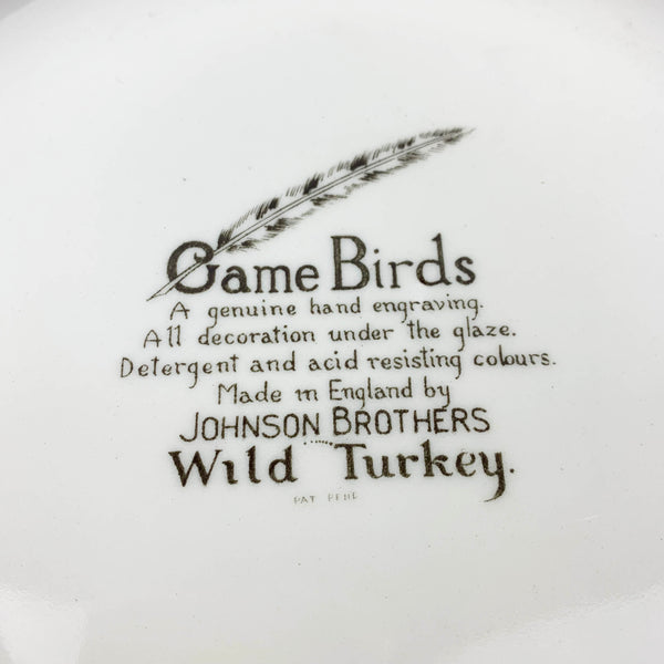 Johnson Bros 'Wild Turkey' Game Birds rear plate inscription