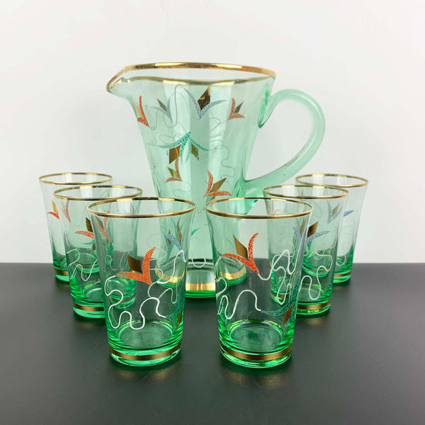 Uranium glass art nouveau drinkware set